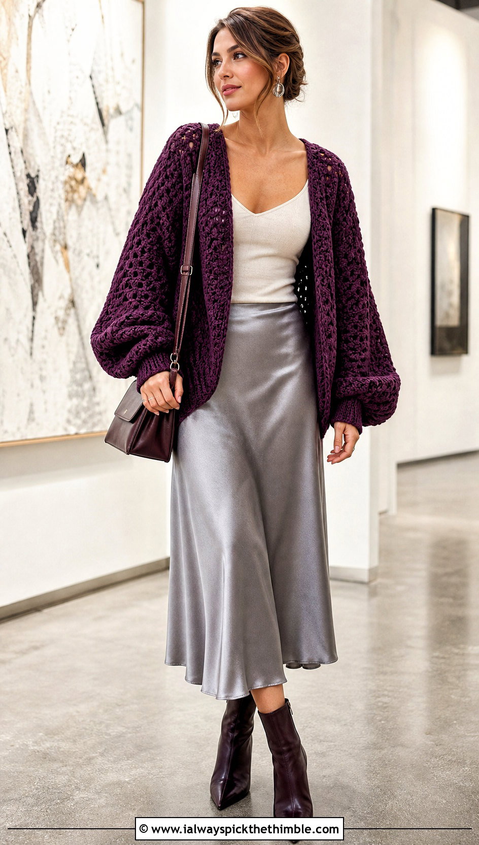 Chunky Balloon Sleeve Crochet Cardigan With Satin Midi Skirt - 25 crochet cardigan for women outfit ideas