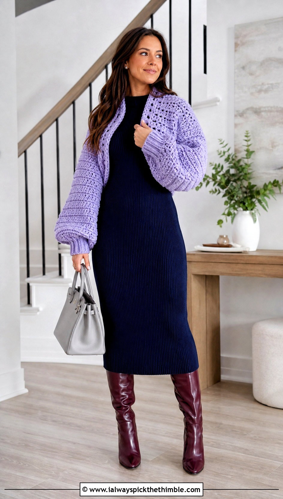 Chunky Balloon Sleeve Crochet Shrug With Knit Dress - 20 cute crochet shrug outfit ideas