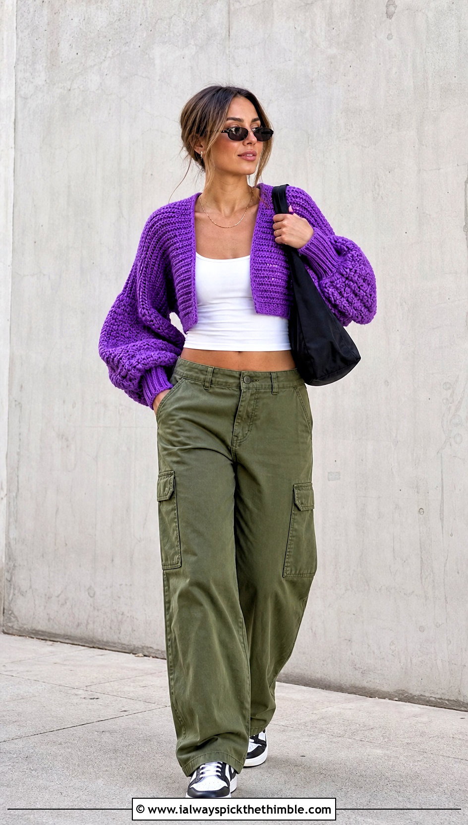 Chunky Balloon Sleeve Cropped Cardigan With Cargo Pants - 20 Easy Crochet Cropped Cardigan outfit ideas