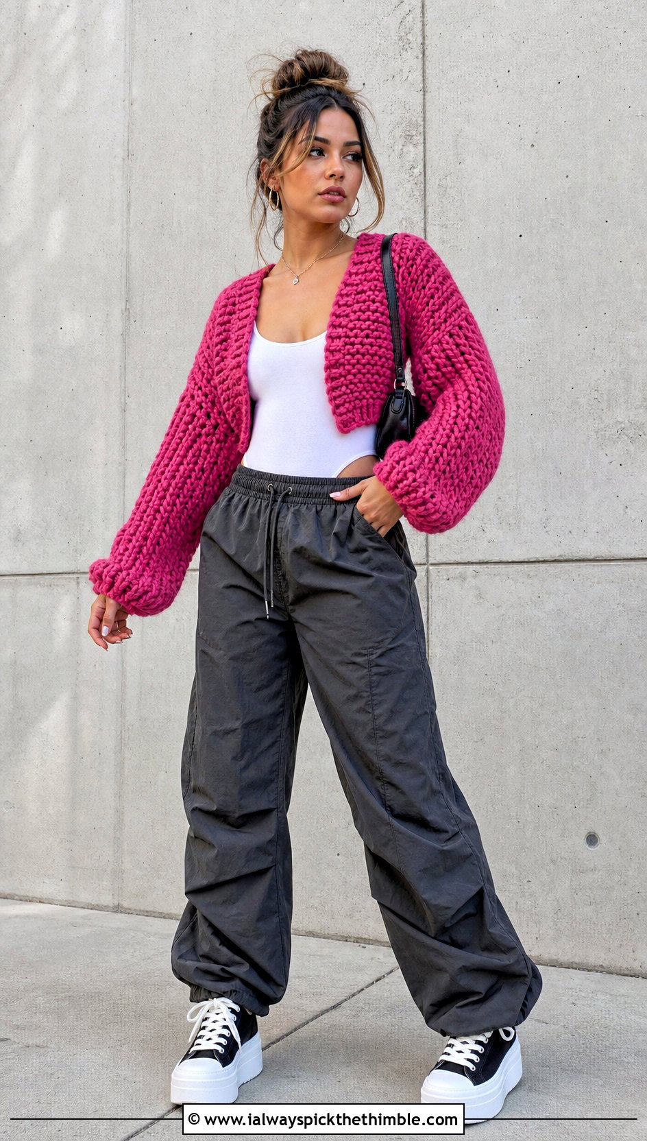 Chunky Balloon Sleeve Cropped Crochet Cardigan With Parachute Pants - 25 cropped crochet cardigan outfit ideas
