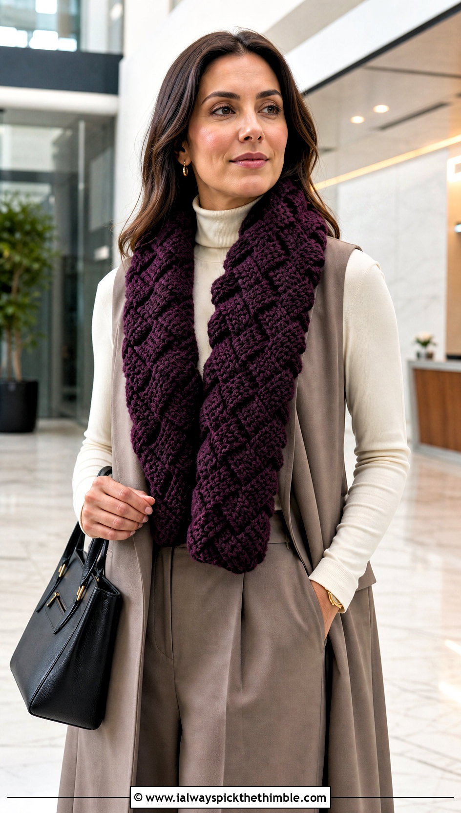 Chunky Basketweave Crochet Scarf With Tailored Vest - 20 Chunky Yarn Crochet Scarf outfit ideas