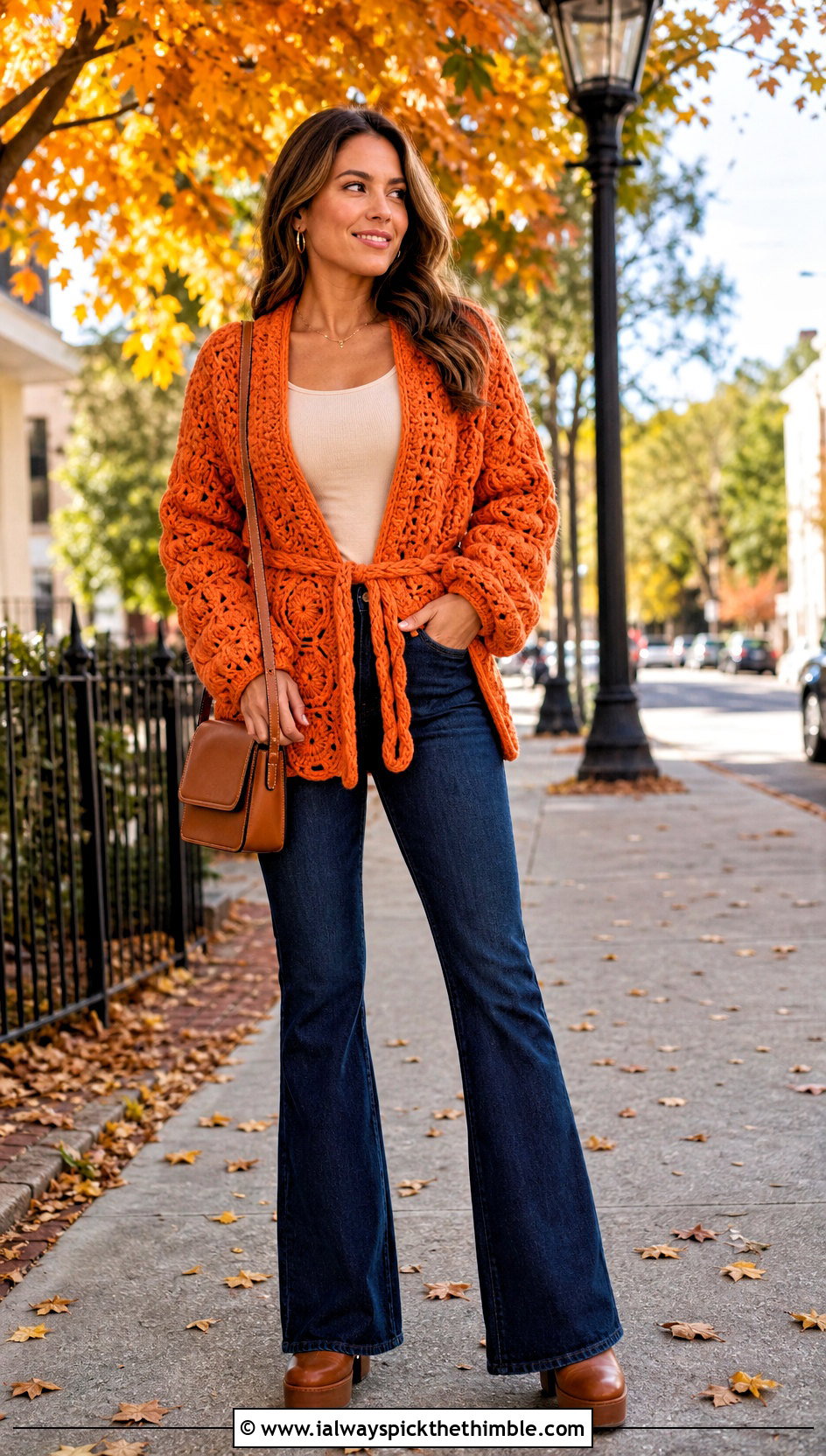 Chunky Belted Hexagon Cardigan With Flared Jeans - 20 chunky crochet hexagon cardigan outfit ideas