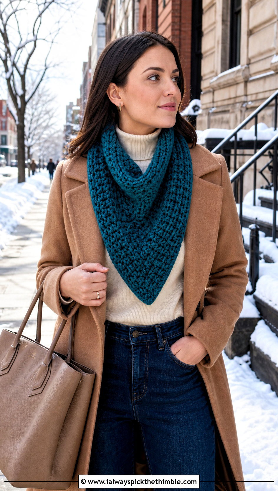 Chunky Bib Triangle Cowl With Wool Coat - 20 crochet triangle cowl outfit ideas