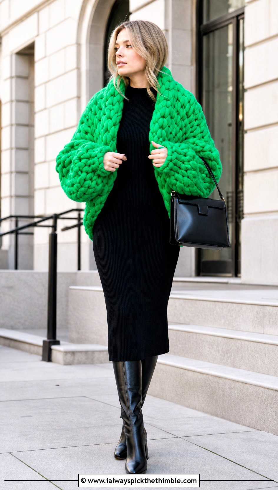 Chunky Blanket Crochet Cocoon Shrug With Knit Dress - 20 crochet cocoon shrug outfit ideas