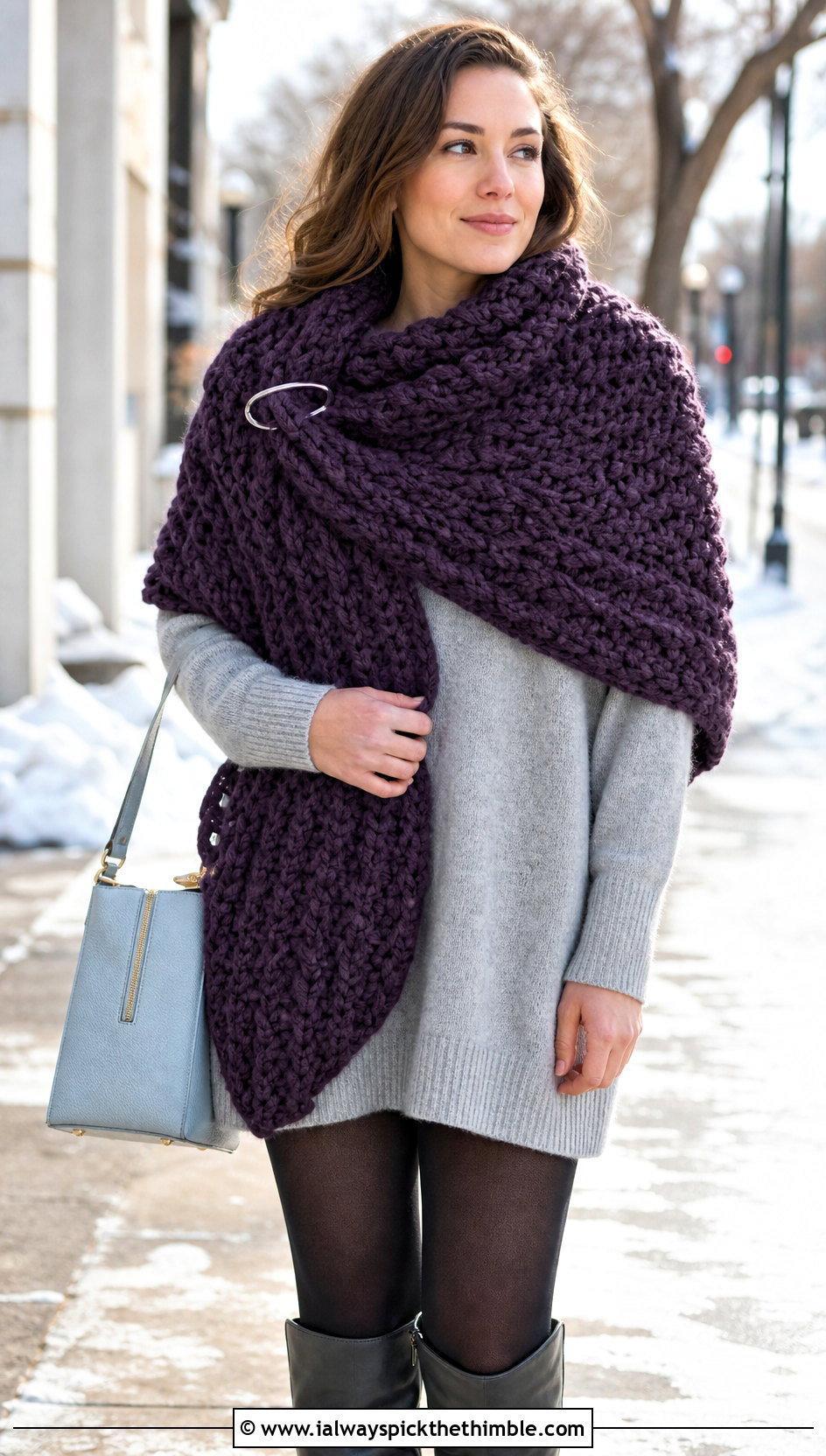 Chunky Blanket Crochet Shawl Scarf With Sweater Dress - 20 crochet shawl scarf outfit ideas