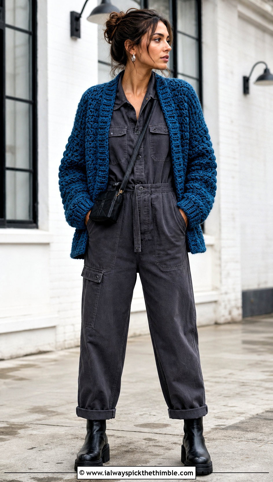 Chunky Blue Crochet Cardigan With Utility Jumpsuit - 25 blue crochet cardigan outfit ideas