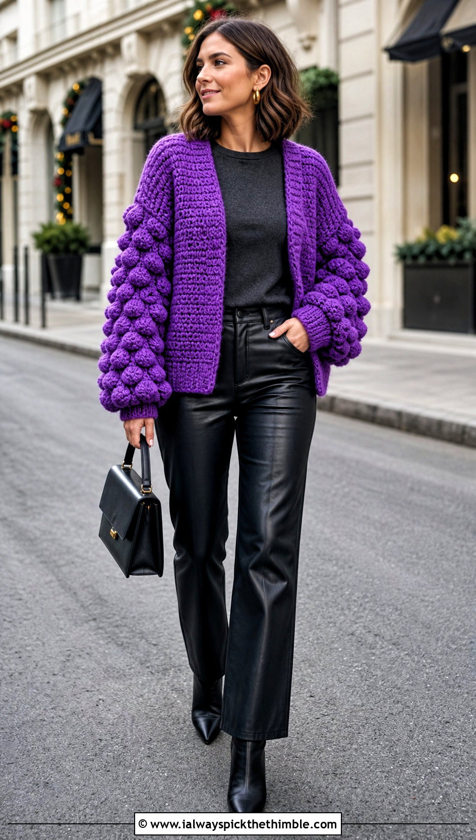 Chunky Bobble Balloon Sleeve Cardigan With Leather Pants - 20 Crochet Puffy Sleeves Cardigan outfit ideas