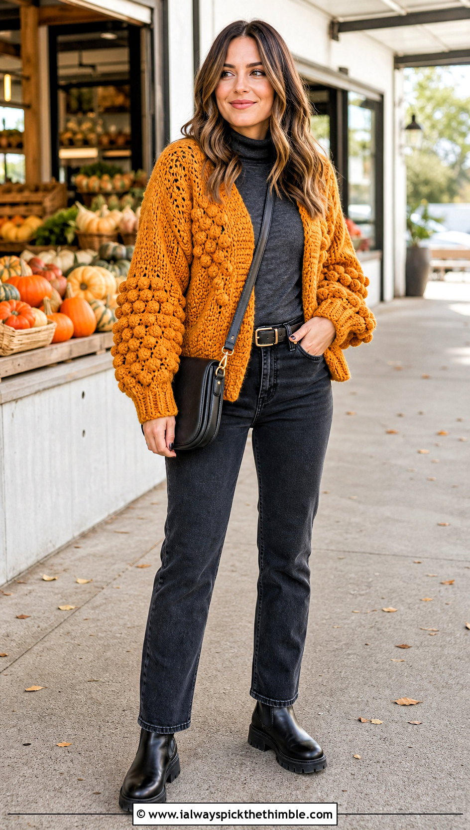 Chunky Bobble Crochet Balloon Sleeve Cardigan With Straight Jeans - 20 crochet balloon sleeve cardigan outfit ideas