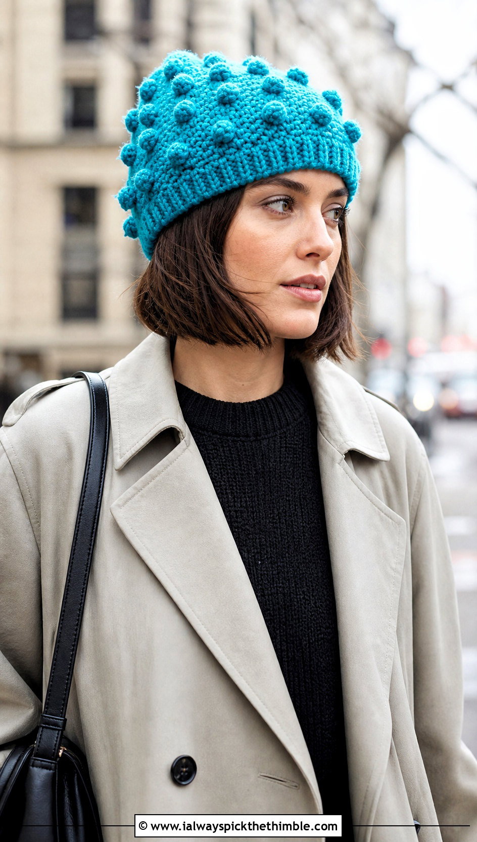 Chunky Bobble Stitch Beanie With Trench Coat - 20 chunky yarn crochet beanie outfit ideas