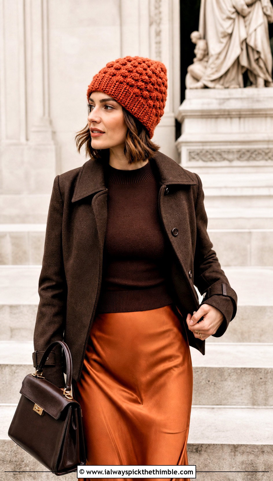 Chunky Bobble Stitch Crochet Beanie With Satin Midi Skirt - 25 chunky crochet beanie outfit ideas
