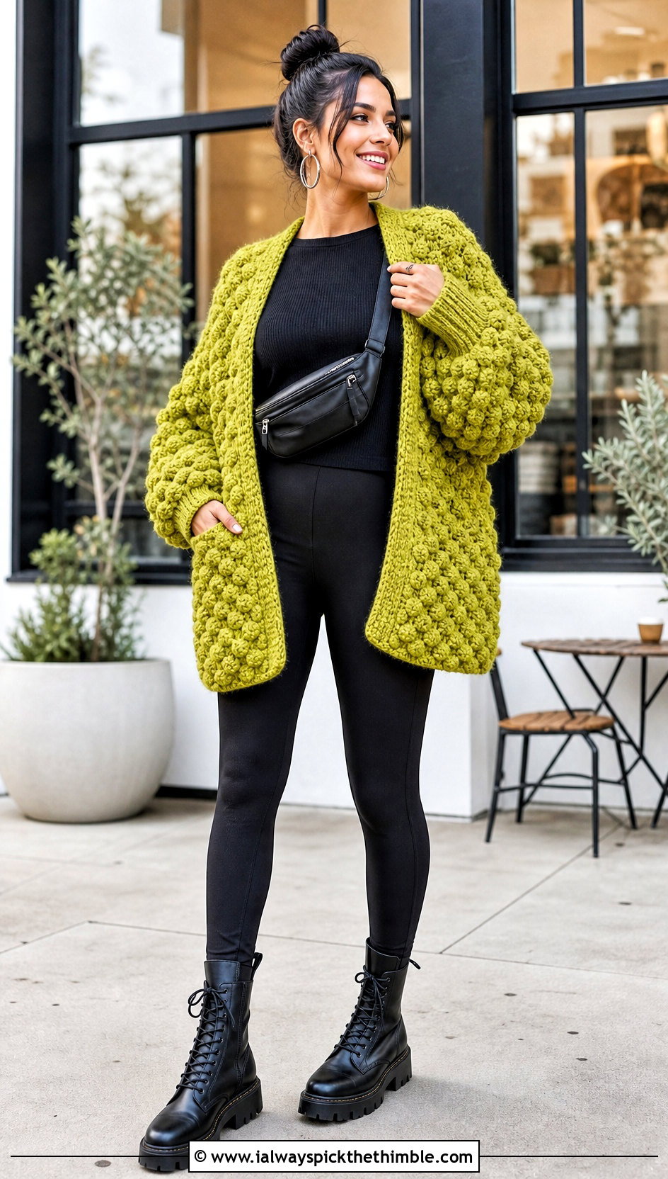 Chunky Bobble Stitch Crochet Blanket Cardigan With Leggings - 25 crochet blanket cardigan outfit ideas