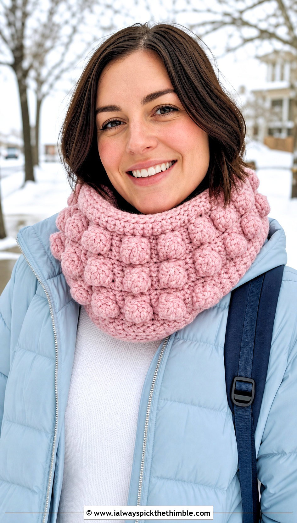 Chunky Bobble Stitch Crochet Cowl With Puffer Jacket - 20 chunky crochet cowl outfit ideas