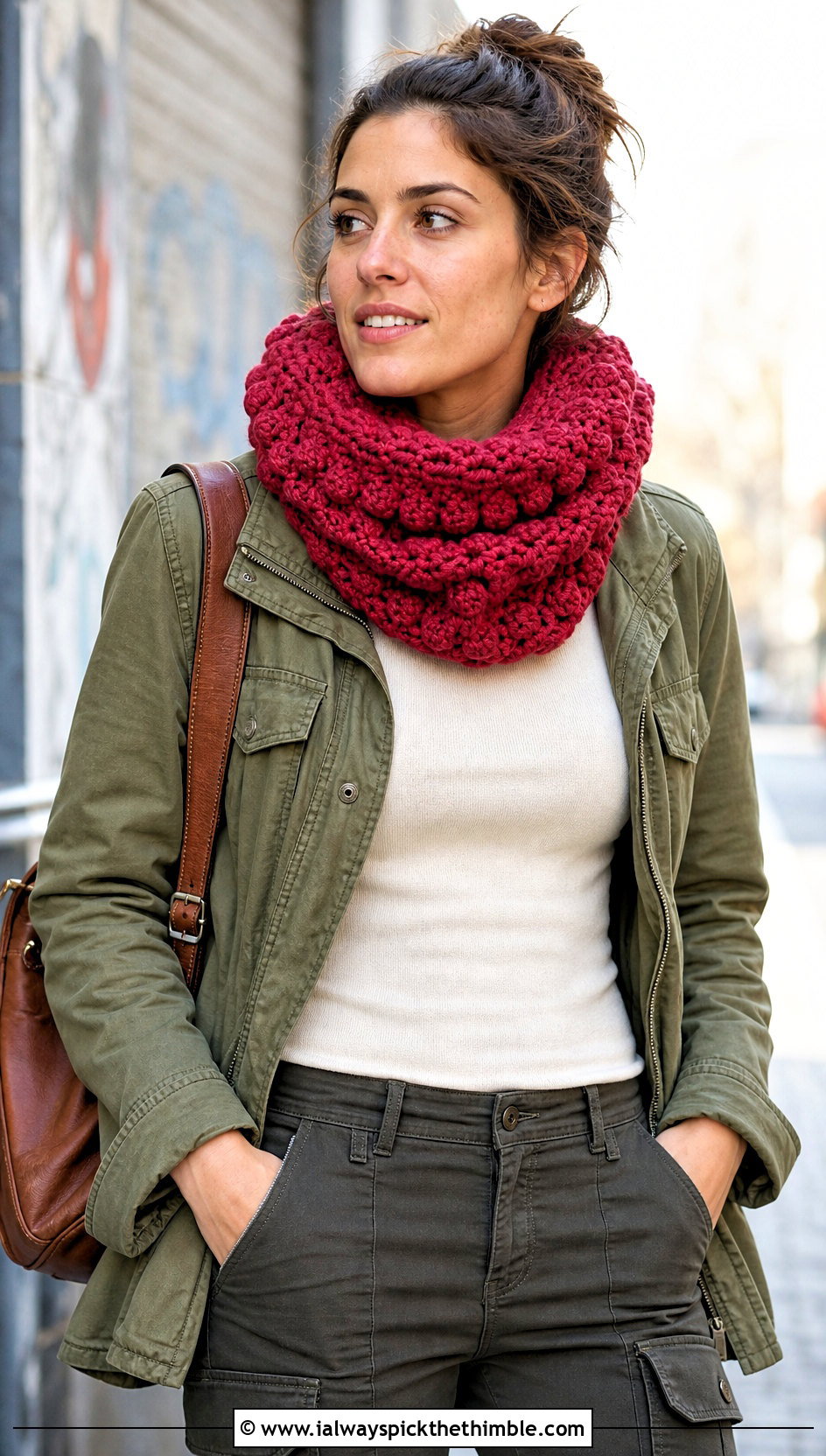 Chunky Bobble Stitch Crochet Cowl With Utility Jacket - 20 crochet chunky cowl outfit ideas