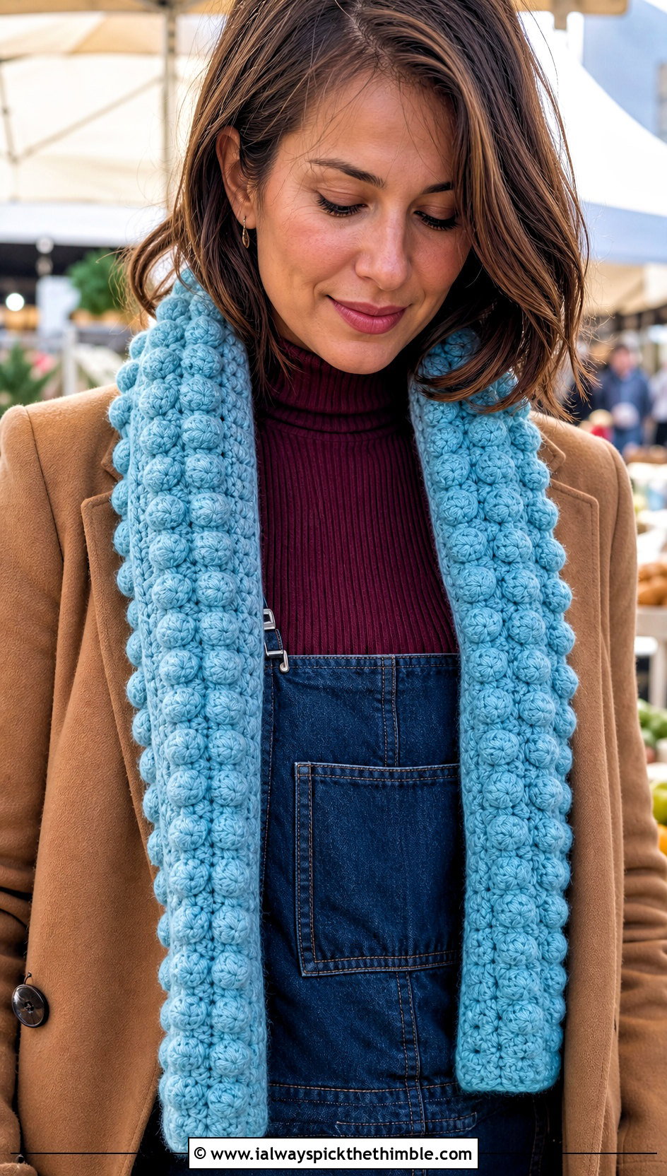 Chunky Bobble Stitch Crochet Scarf With Overalls - 20 Chunky Yarn Crochet Scarf outfit ideas