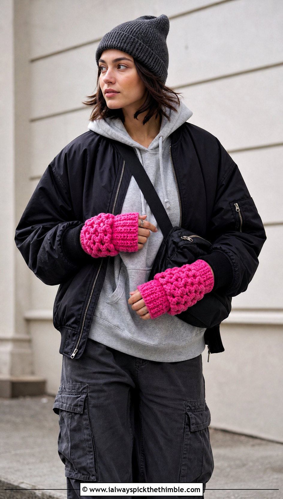 Chunky Bobble Stitch Wrist Warmers With Cargo Pants - 20 Chunky Crochet Gloves outfit ideas