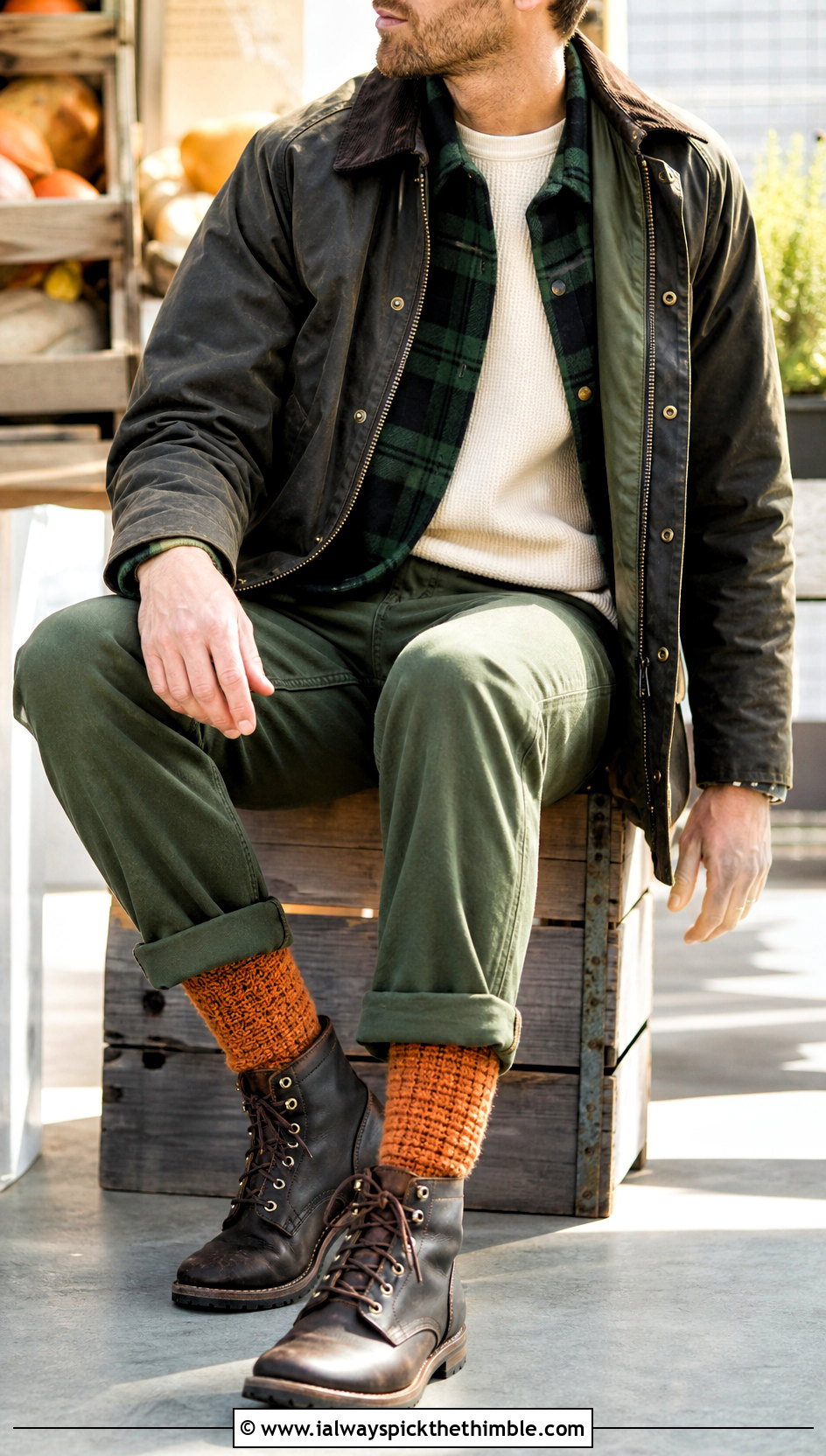 Chunky Boot Crochet Socks With Flannel And Work Pants - 25 crochet socks for men outfit ideas