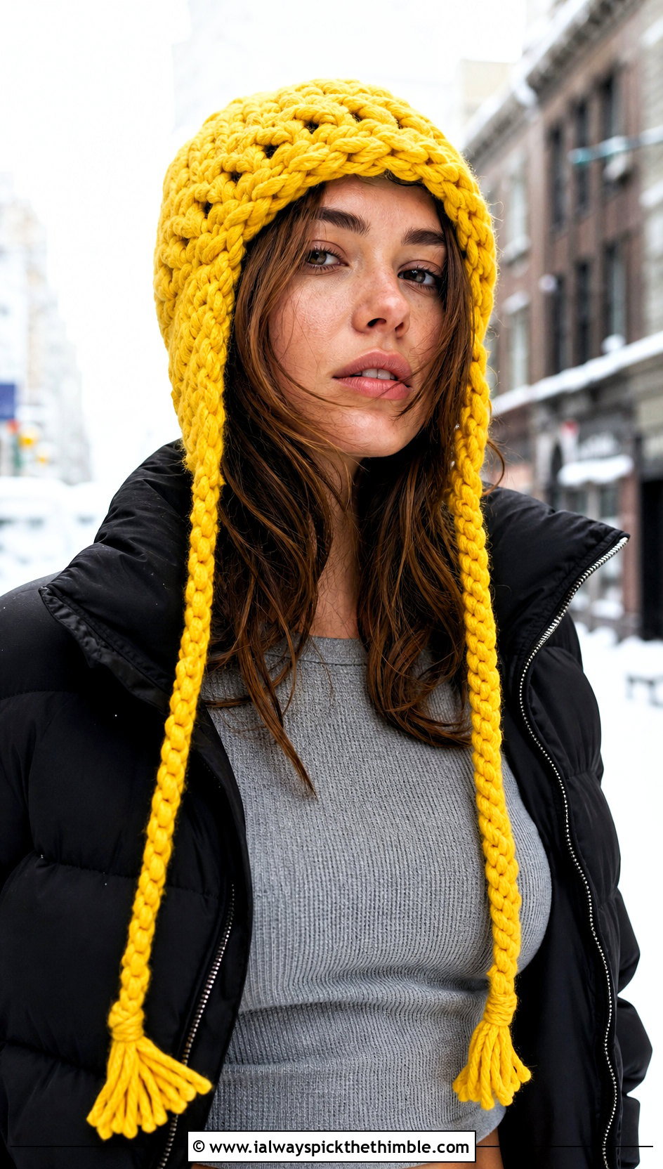 Chunky Braided Crochet Ear Flap Hat With Puffer Coat - 20 crochet adult ear flap hat outfit ideas