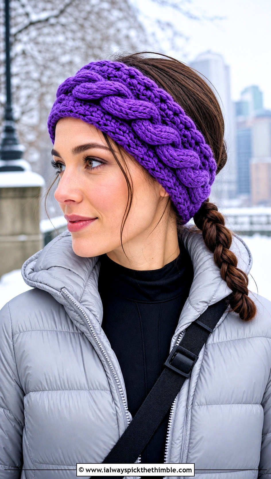 Chunky Braided Crochet Ear Warmer With Puffer Jacket And Leggings - 20 Braided Crochet Headband outfit ideas