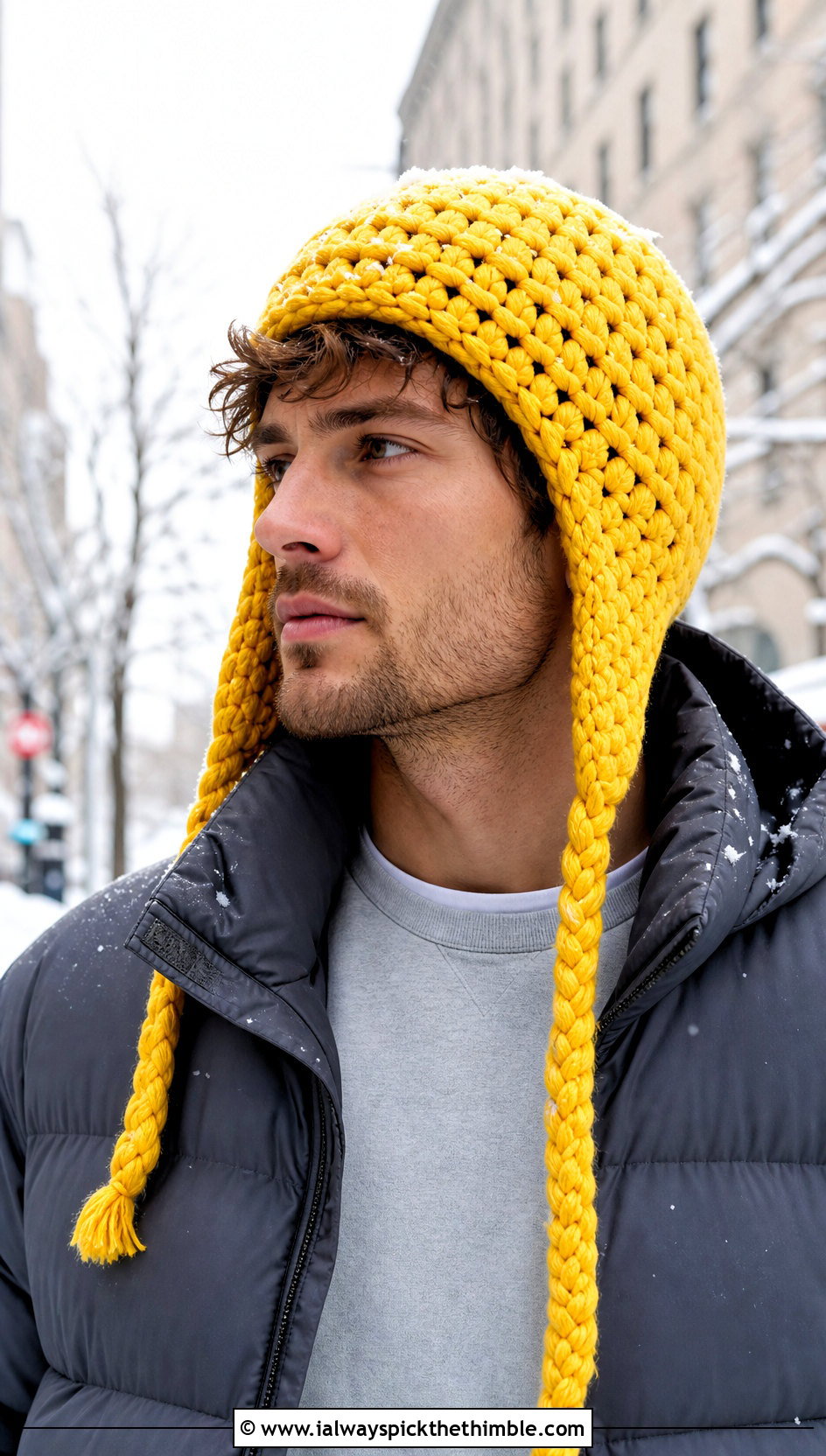 Chunky Braided Crochet Earflap Hat With Puffer Jacket - 20 Mens Crochet Earflap Hat outfit ideas