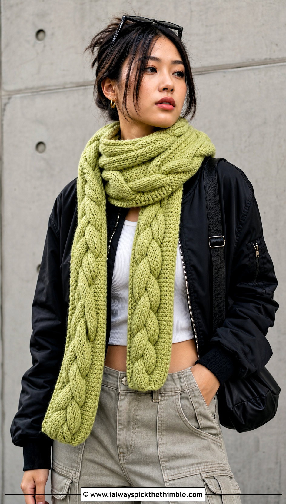 Chunky Braided Crochet Scarf With Cargo Pants - 15 Crochet Scarves Chunky Yarn outfit ideas