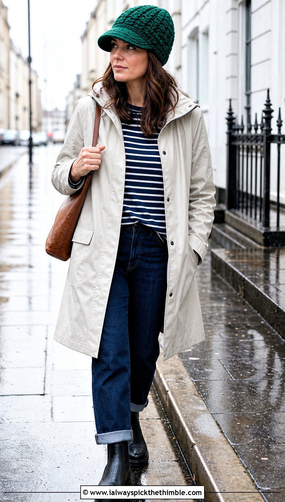 Chunky Brimmed Crochet Beanie With Raincoat - 25 chunky crochet beanie outfit ideas