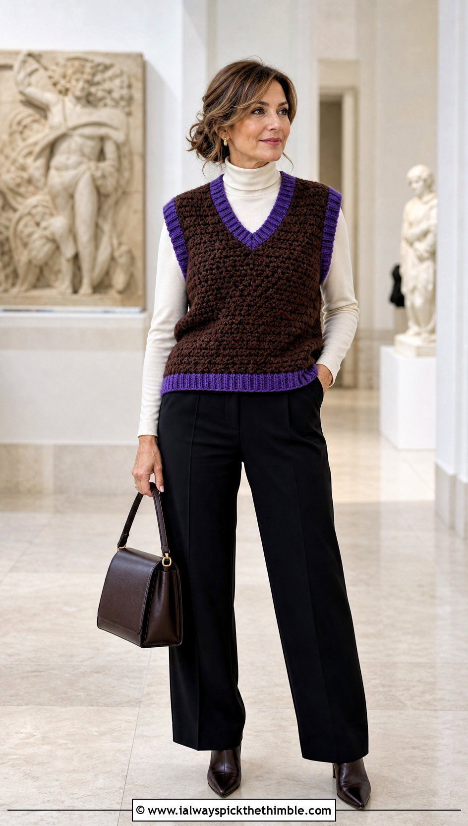 Chunky Brown Crochet Sweater Vest With Turtleneck And Pleated Pants - 15 brown crochet vest outfit ideas