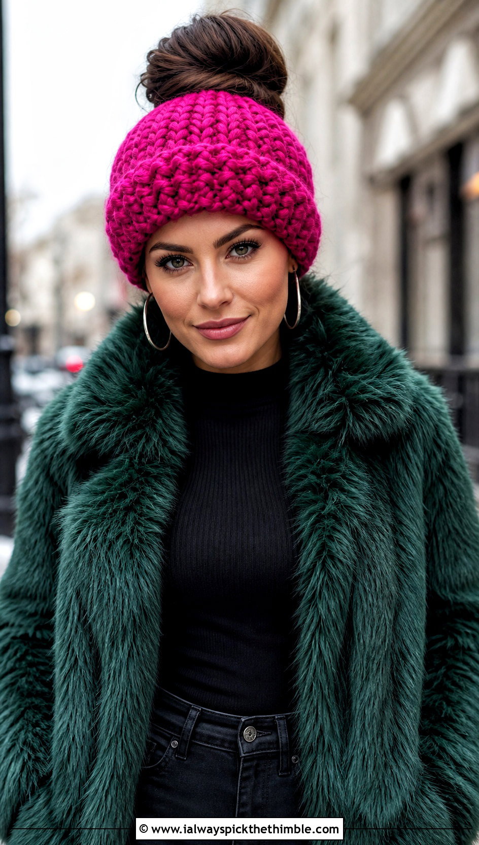 Chunky Bun Crochet Beanie With Faux Fur Coat - 15 bun crochet hat outfit ideas