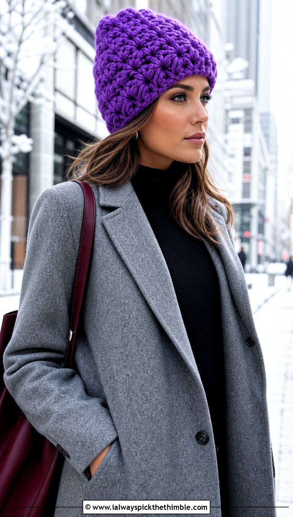 Chunky Burst Crochet Beanie With Long Wool Coat - 15 burst crochet beanie outfit ideas