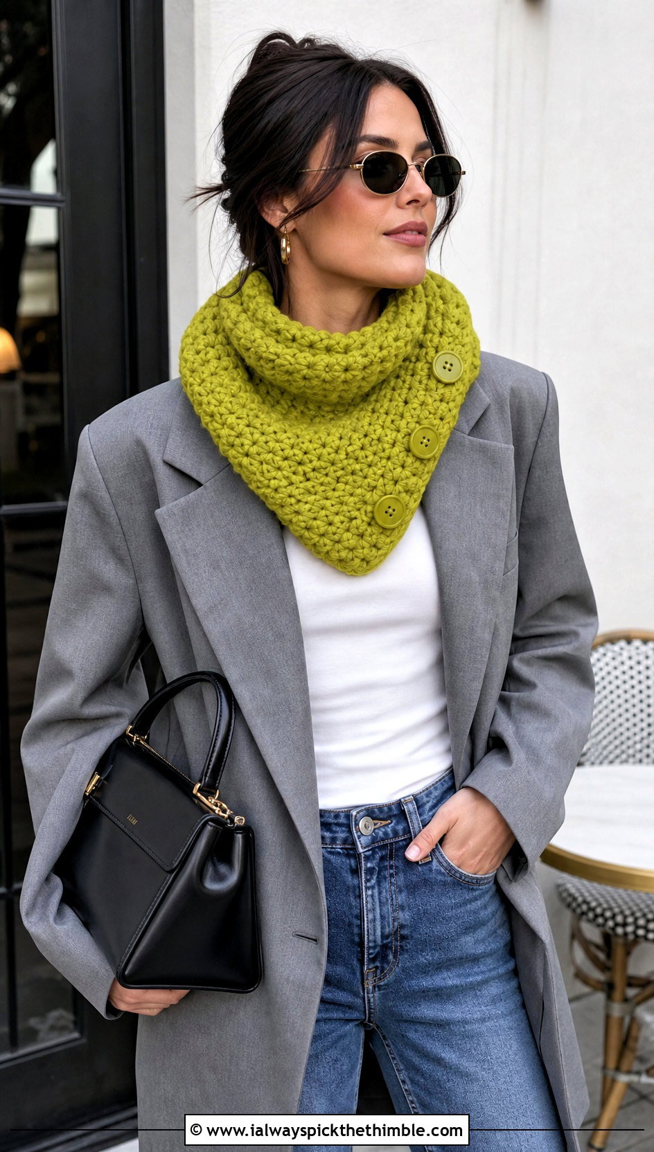 Chunky Button Cowl Crochet Scarf With Blazer And Jeans - 15 Crochet Scarves Chunky Yarn outfit ideas