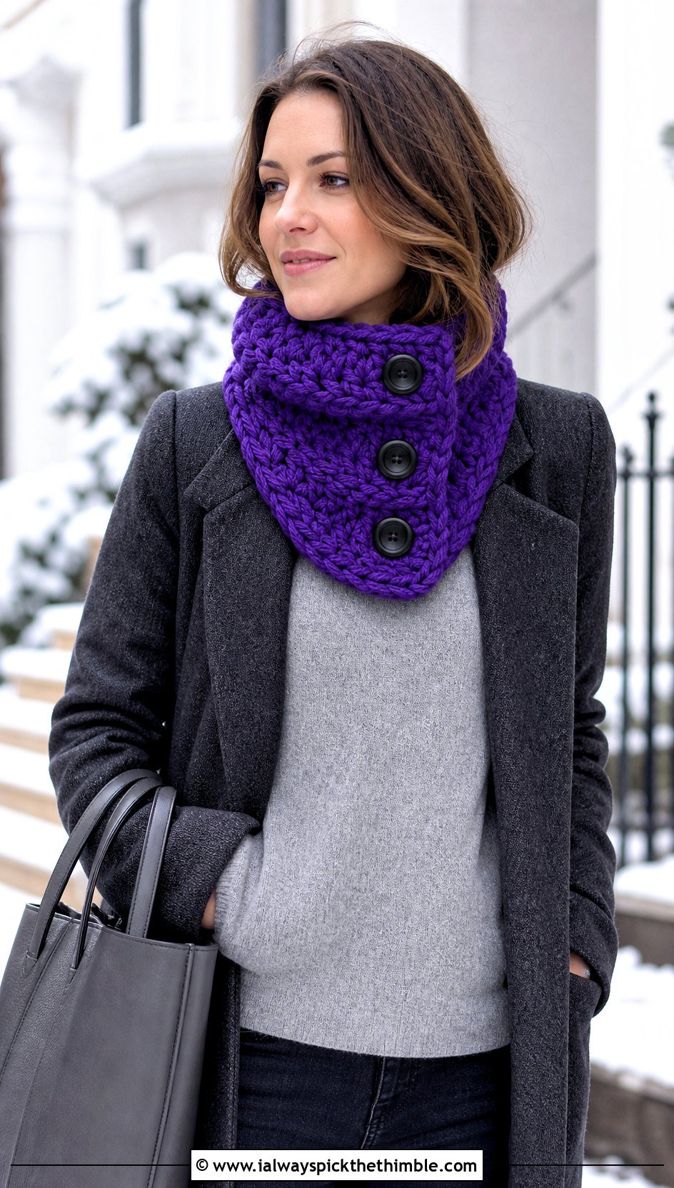 Chunky Button Crochet Cowl With Wool Coat - 15 Crochet Cowl With Buttons outfit ideas