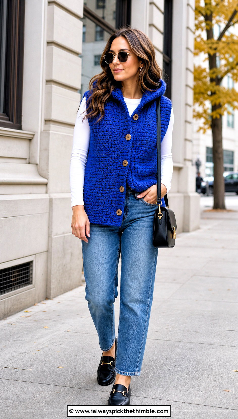 Chunky Button Front Hooded Crochet Vest With Straight Jeans - 20 crochet vest with hood outfit ideas