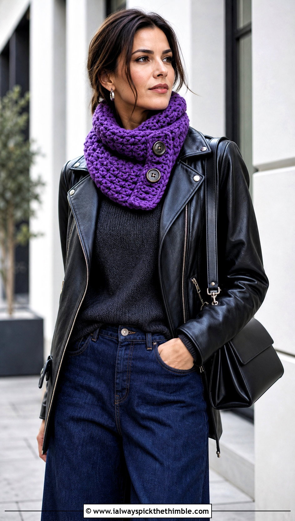 Chunky Buttoned Crochet Cowl Scarf With Leather Jacket - 15 Crochet Button Hole Scarf outfit ideas