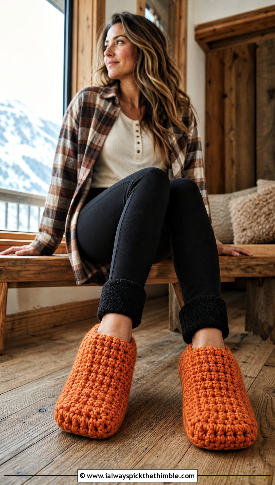 Chunky Cabin Rectangle Crochet Slippers With Leggings And Shacket - 20 Easy Crochet Slippers From A Rectangle outfit ideas