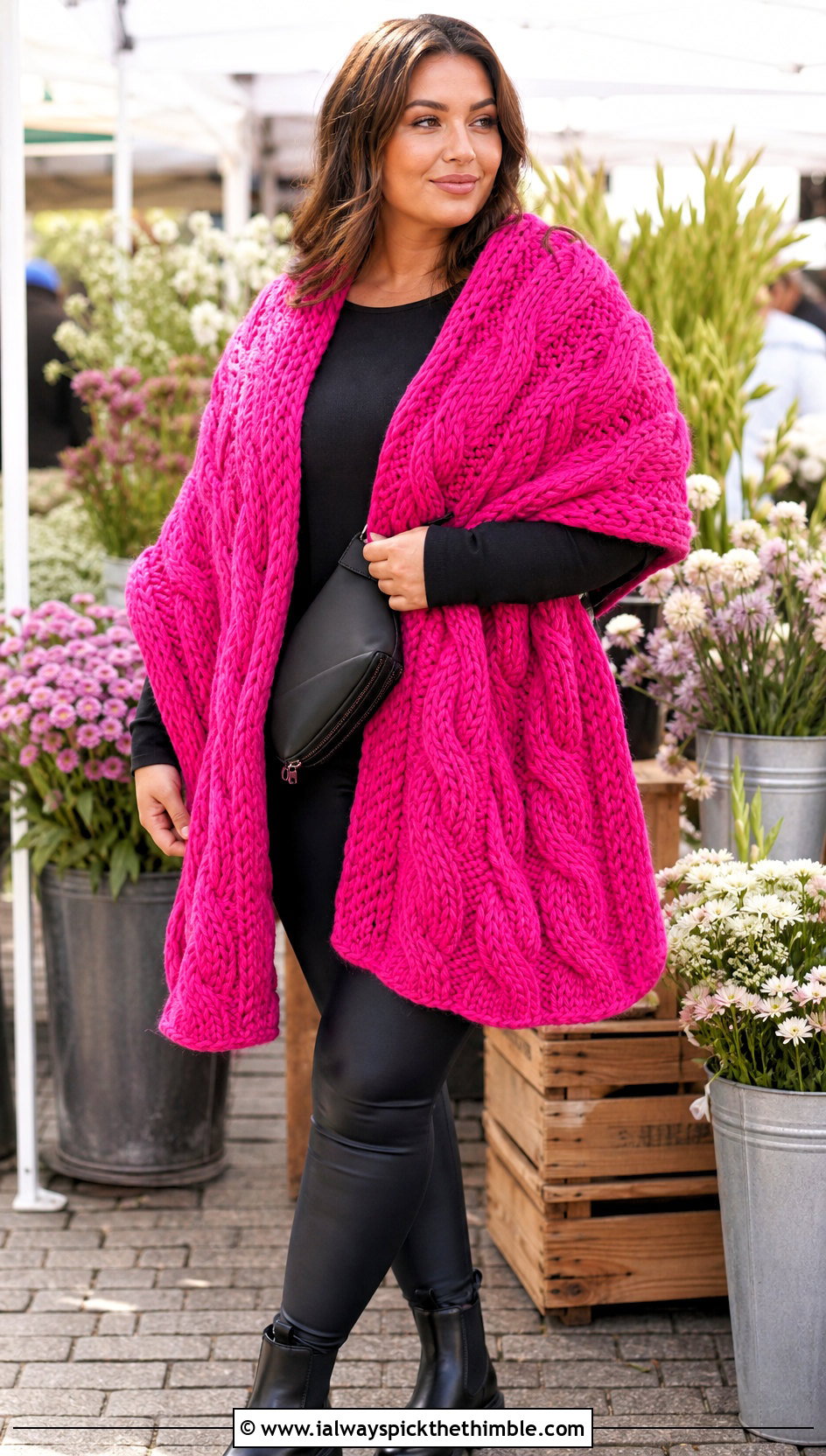 Chunky Cable Blanket Shawl With Leggings - 15 Crochet Cable Shawl outfit ideas