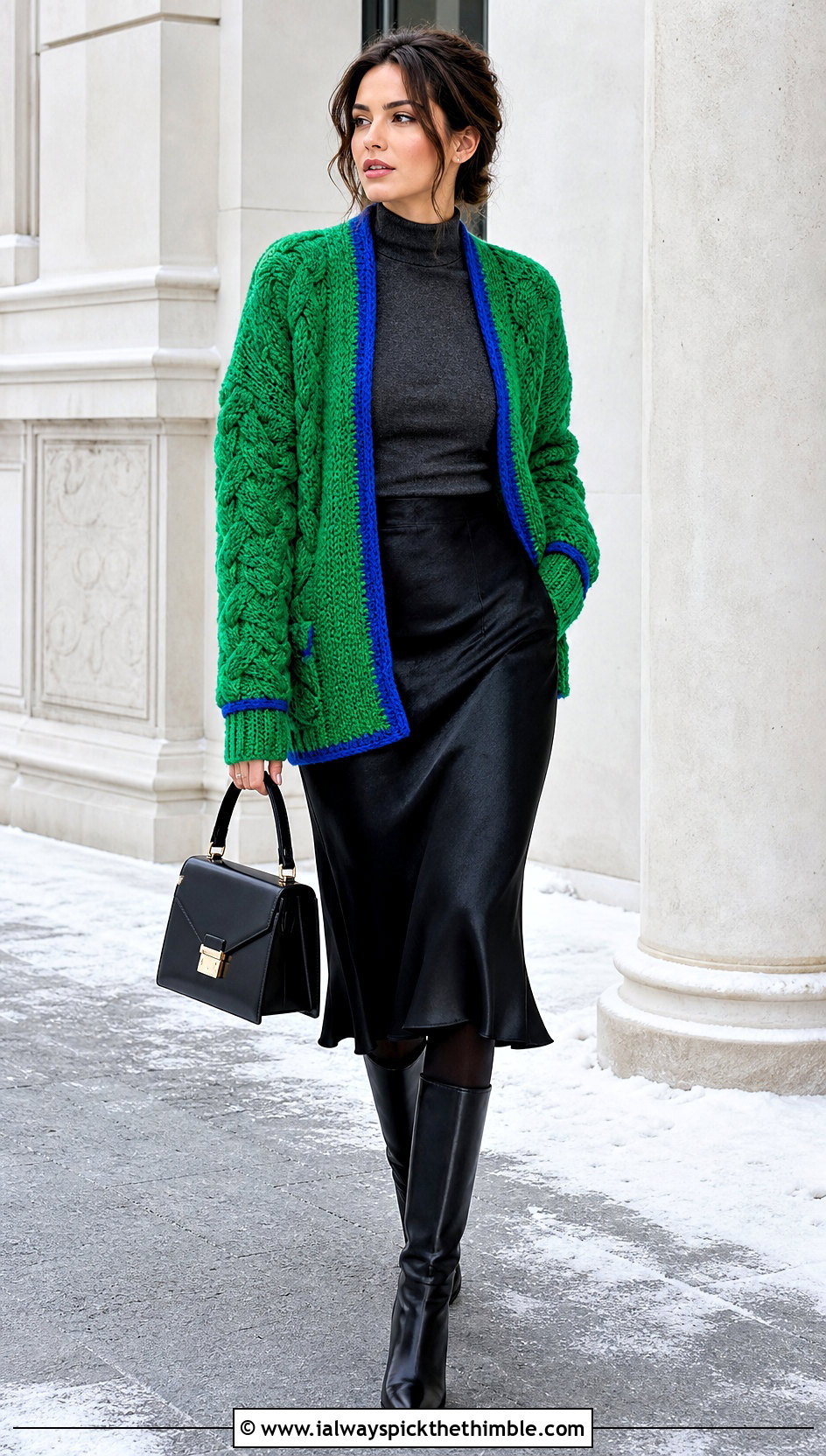 Chunky Cable Crochet Cardigan With Midi Skirt - 20 Crochet Colourful Cardigan outfit ideas