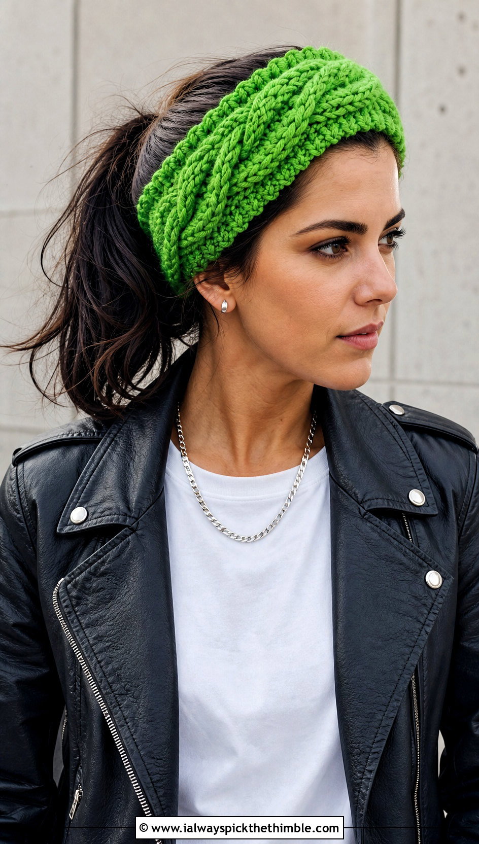 Chunky Cable Crochet Headband With Leather Jacket - 15 Cable Stitch Crochet Headband outfit ideas