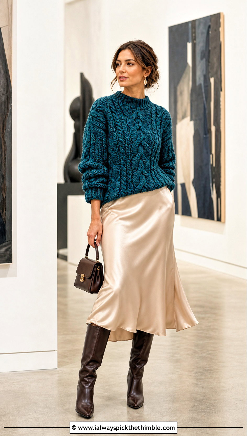 Chunky Cable Crochet Sweater With Satin Midi Skirt - 20 chunky yarn crochet sweater outfit ideas