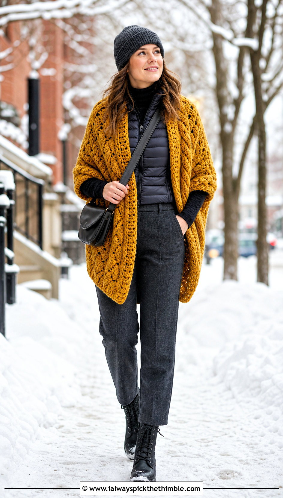 Chunky Cable Crochet Wrap With Puffer Vest And Trousers - 20 beautiful crochet shawls and wraps outfit ideas