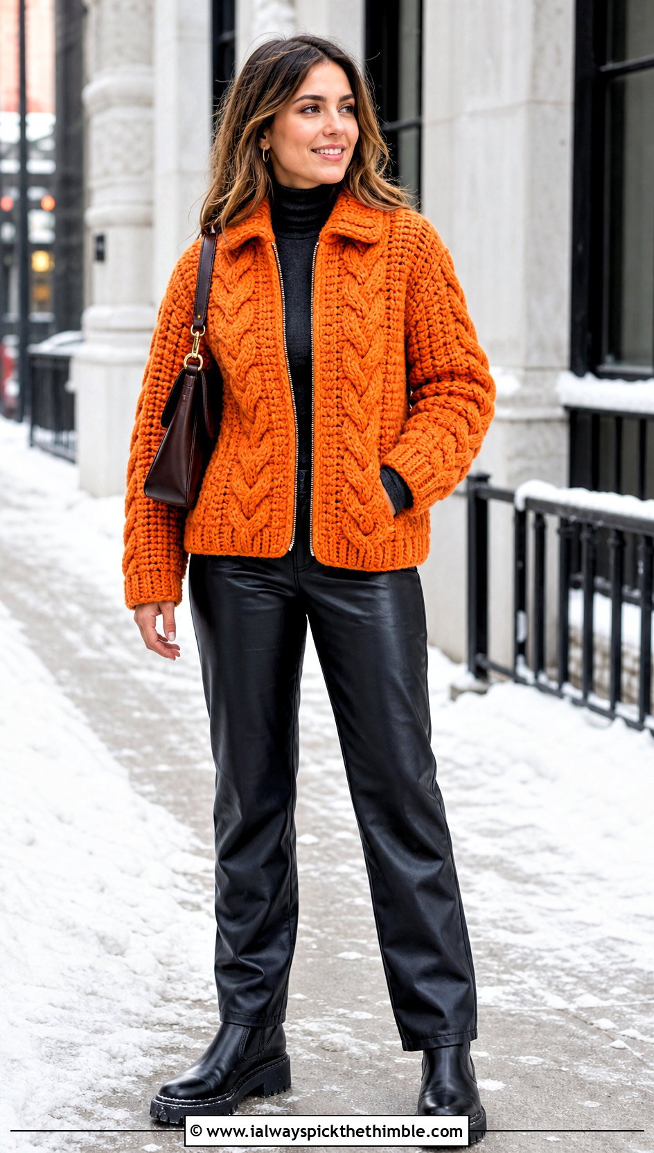 Chunky Cable Crochet Zip Jacket With Leather Pants - 20 crochet jacket with zipper outfit ideas