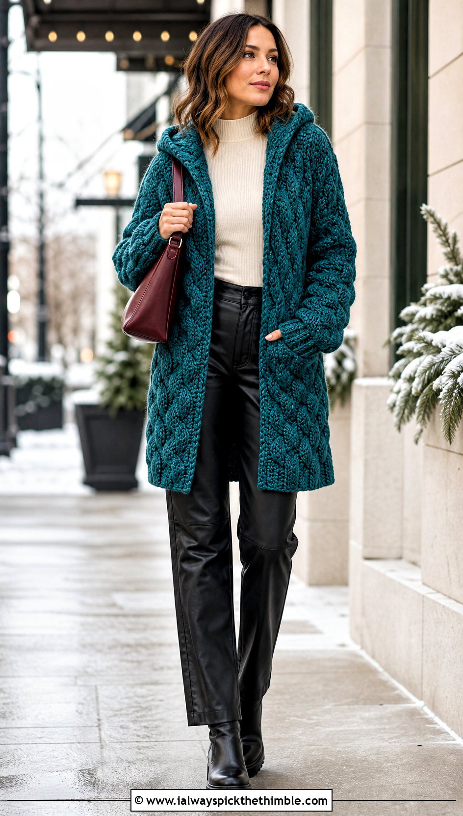 Chunky Cable Look Crochet Hooded Cardigan With Leather Pants - 25 crochet hooded cardigan outfit ideas