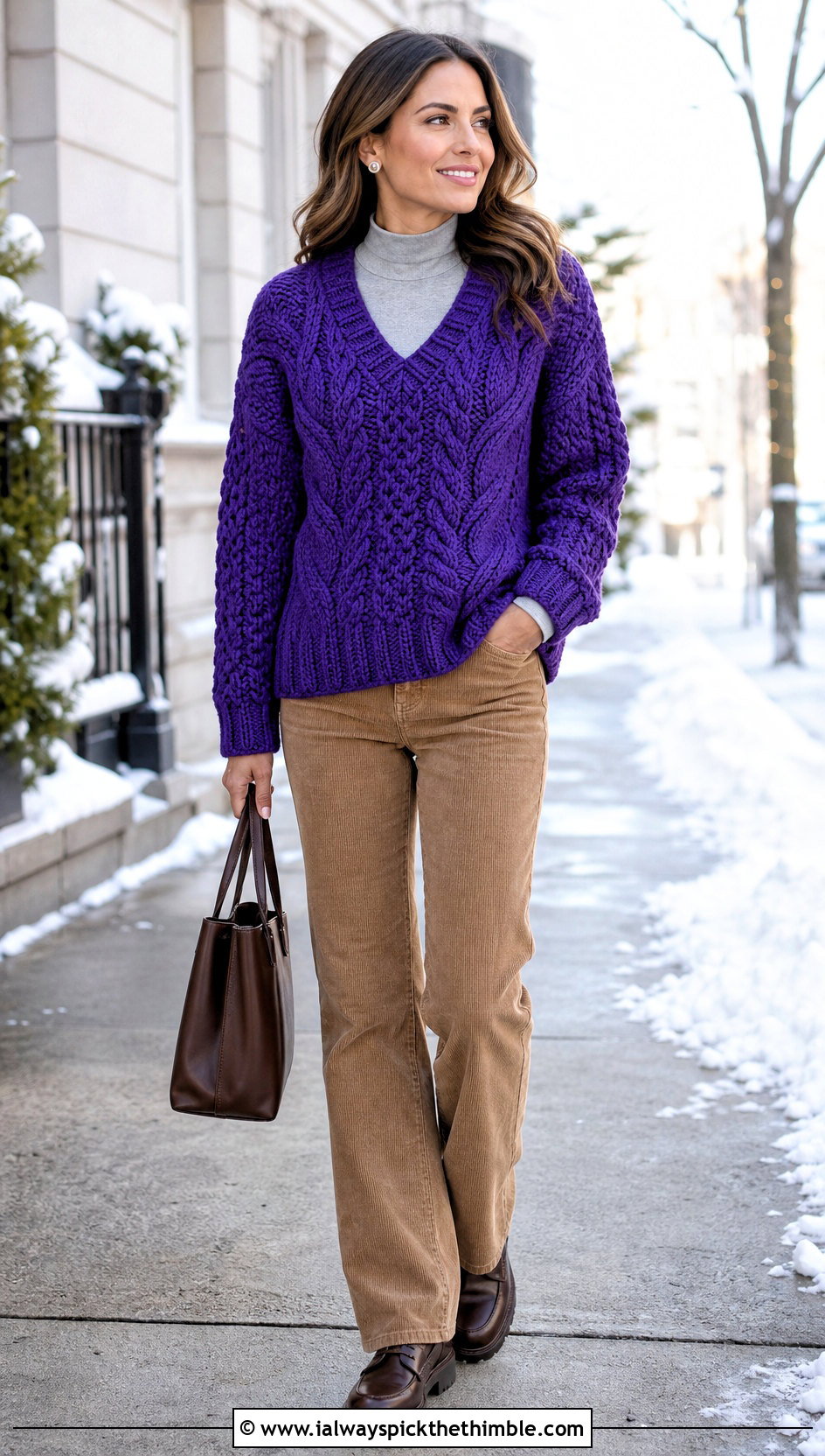 Chunky Cable Look V Neck Crochet Sweater With Corduroy Pants - 15 v-neck crochet sweater outfit ideas