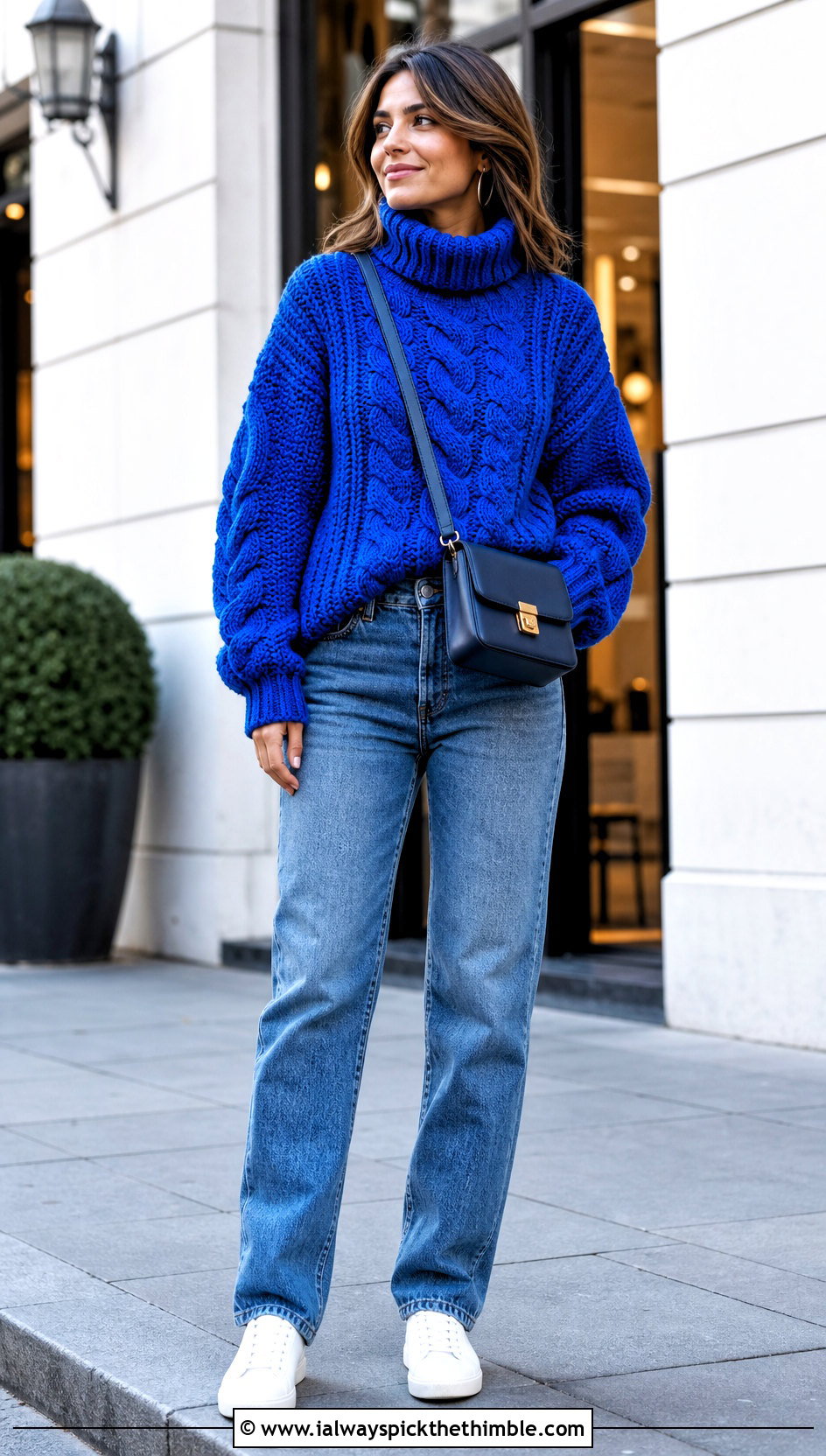 Chunky Cable Oversized Turtleneck Crochet Sweater With Straight Leg Jeans - 15 oversized turtleneck crochet sweater outfit ideas