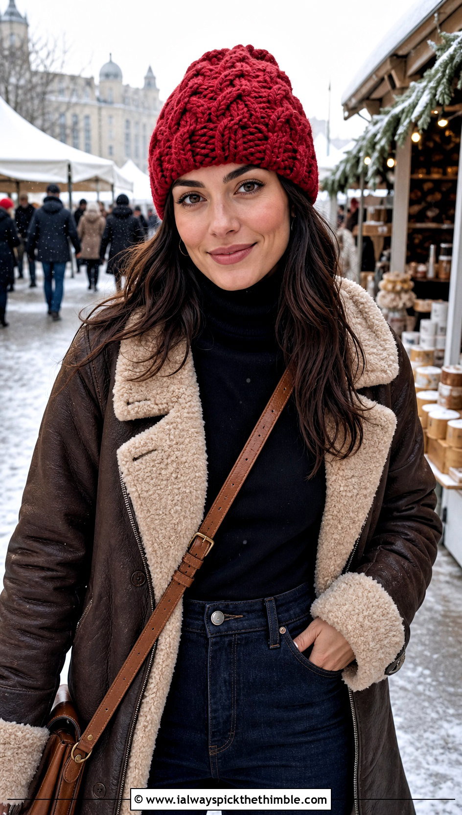 Chunky Cable Textured Crochet Beanie With Shearling Coat - 25 chunky crochet beanie outfit ideas