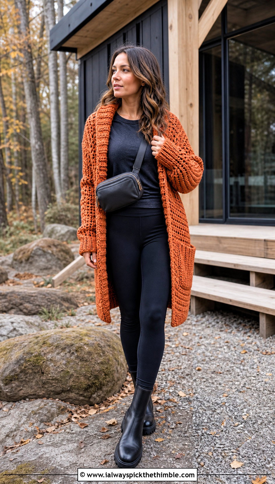 Chunky Campfire Cardigan With Leggings and Boots - 20 crochet campfire cardigan outfit ideas