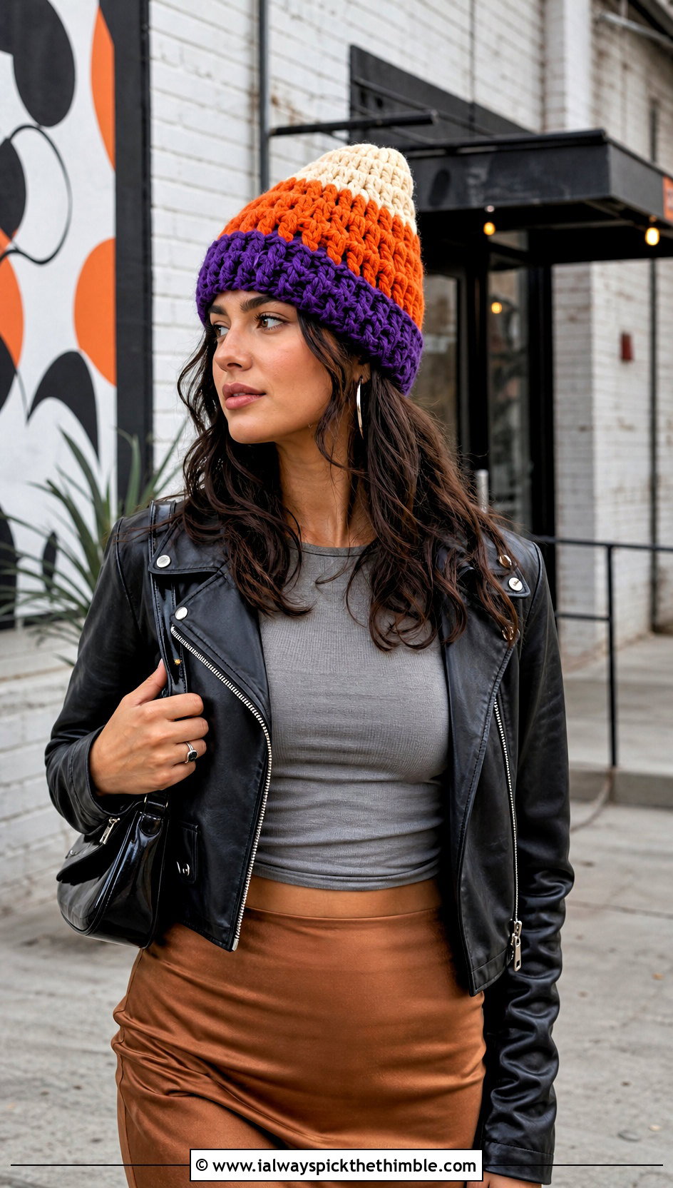 Chunky Candy Corn Crochet Beanie With Leather Jacket - 15 candy corn crochet beanie outfit ideas