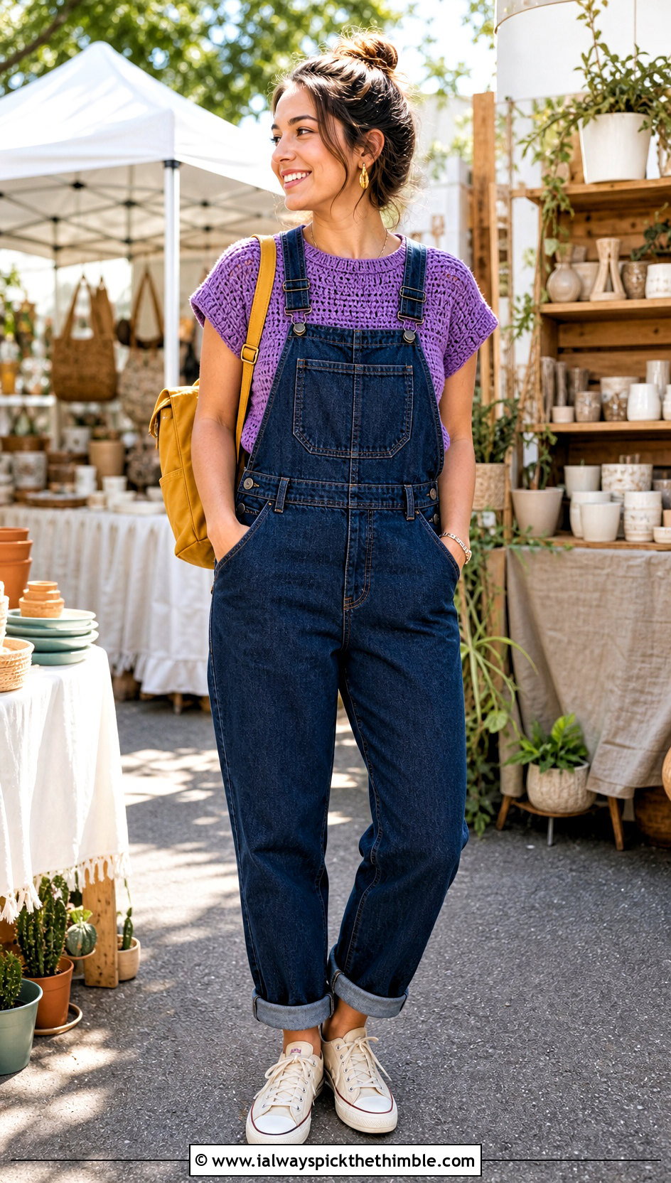 Chunky Cap Sleeve Crochet Top With Denim Overalls - 15 Chunky Crochet Top outfit ideas