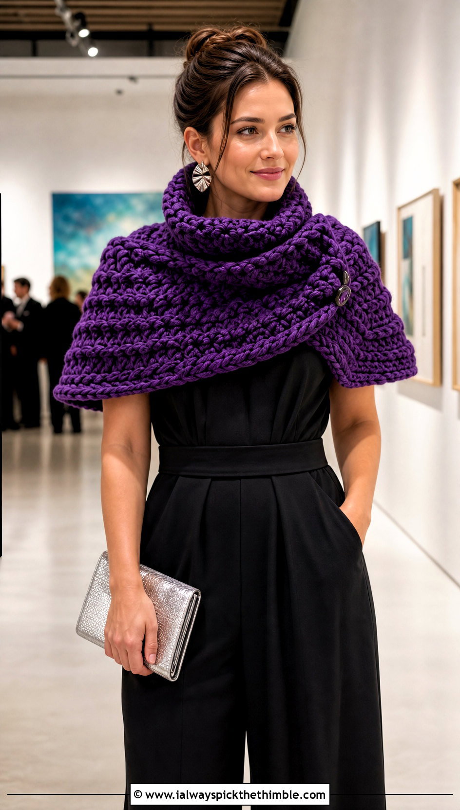 Chunky Capelet Crochet Cowl With Jumpsuit - 20 crochet chunky cowl outfit ideas