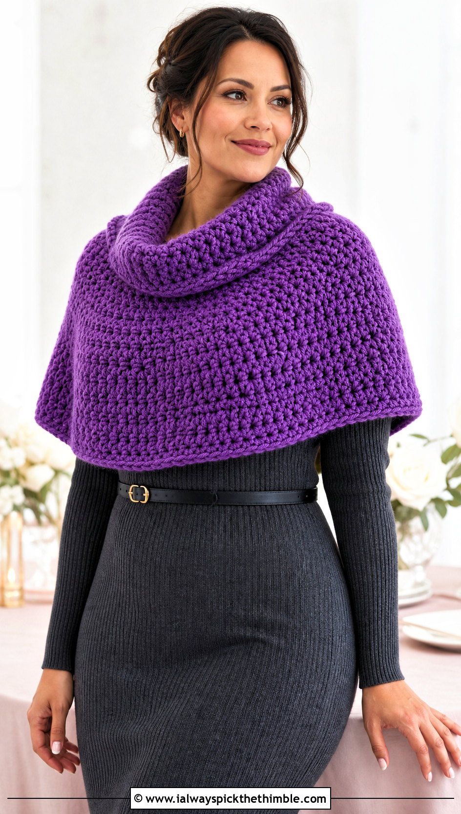 Chunky Capelet Crochet Cowl With Sweater Dress - 20 chunky crochet cowl outfit ideas