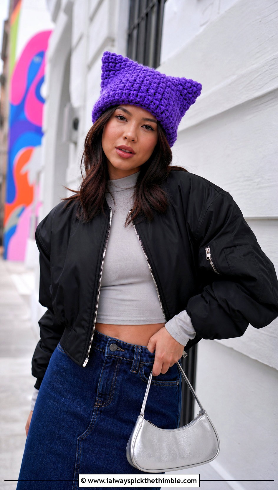 Chunky Cat Ear Crochet Beanie With Denim Midi Skirt - 25 chunky crochet beanie outfit ideas