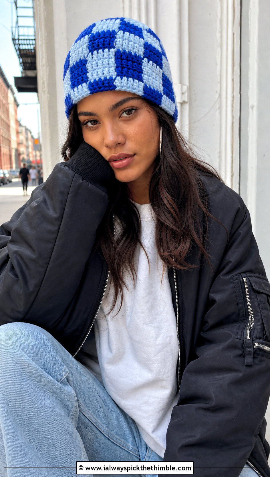 Chunky Checkerboard Beanie With Streetwear Outfit - 20 chunky yarn crochet beanie outfit ideas